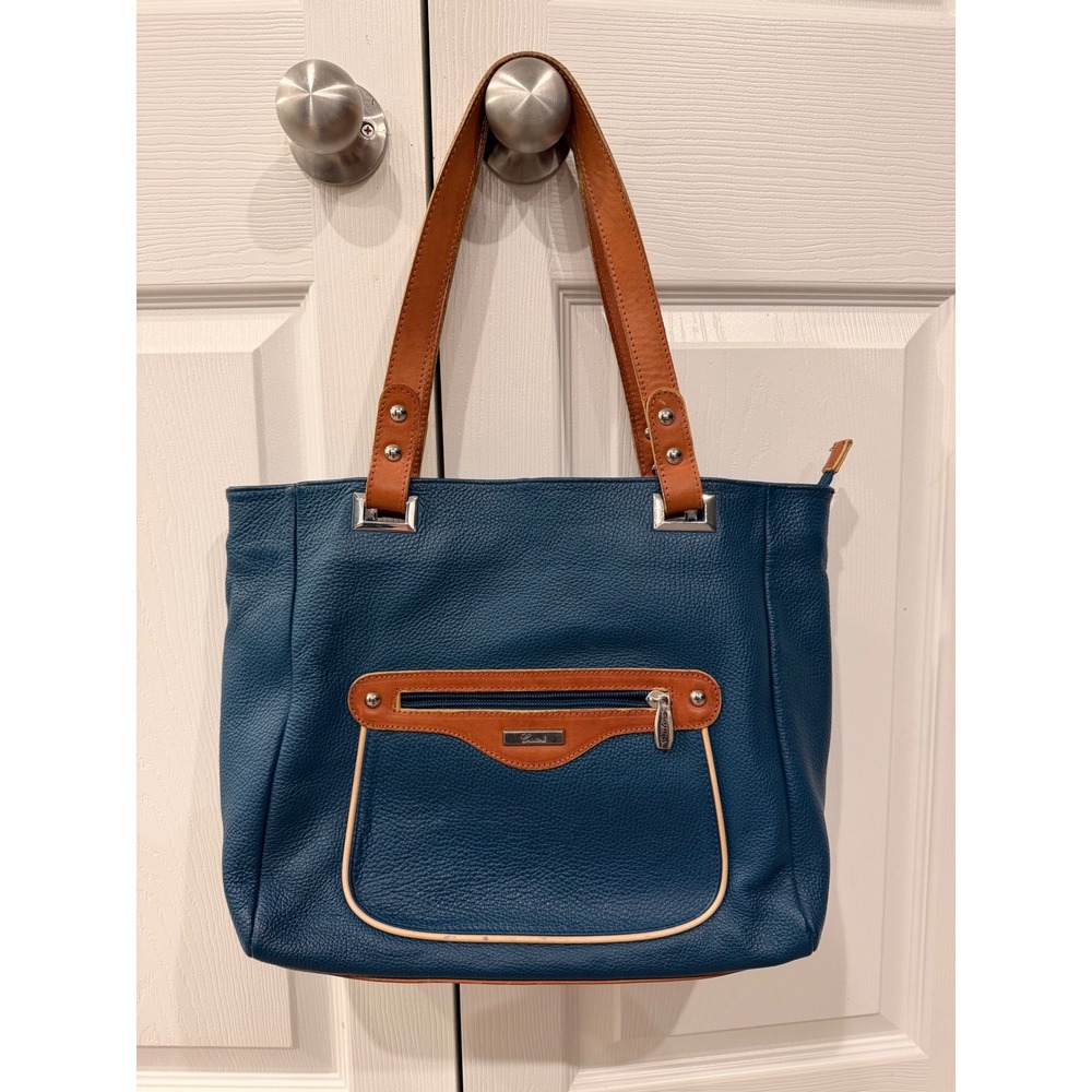 Cristina by In Pell Italian Pebbled Leather Two Tone Blue Brown Tote Bag